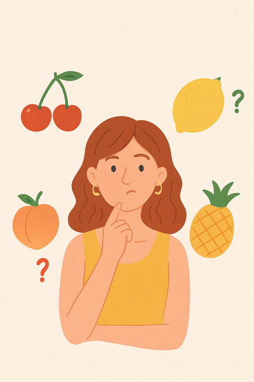 Donna pensierosa circondata da frutti colorati – quiz Che frutto sei per trovare il gioiello perfetto