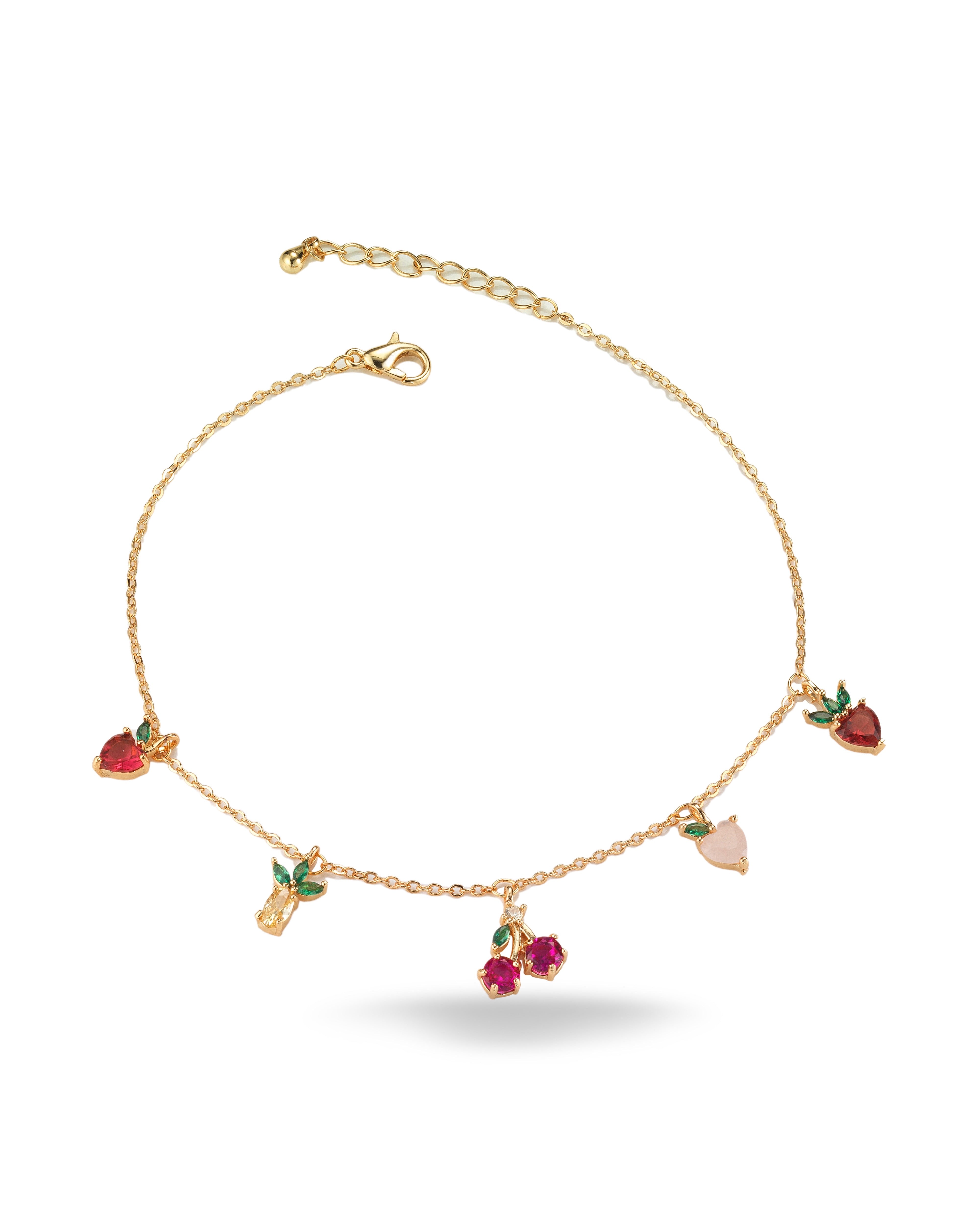 Cavigliera con charms a forma di Fragola, Pesca, Ciliegia, Ananas e Mela placcata in Oro 18 carati – gioielli Fruits & Jewels