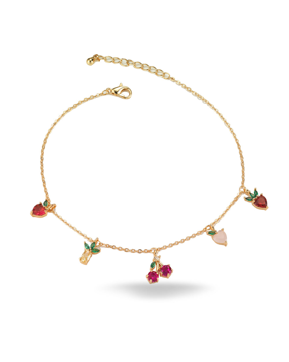 Bracciale con charms a forma di fragola, pesca, ciliegia, ananas e mela placcato in oro 18 carati – gioielli Fruits & Jewels