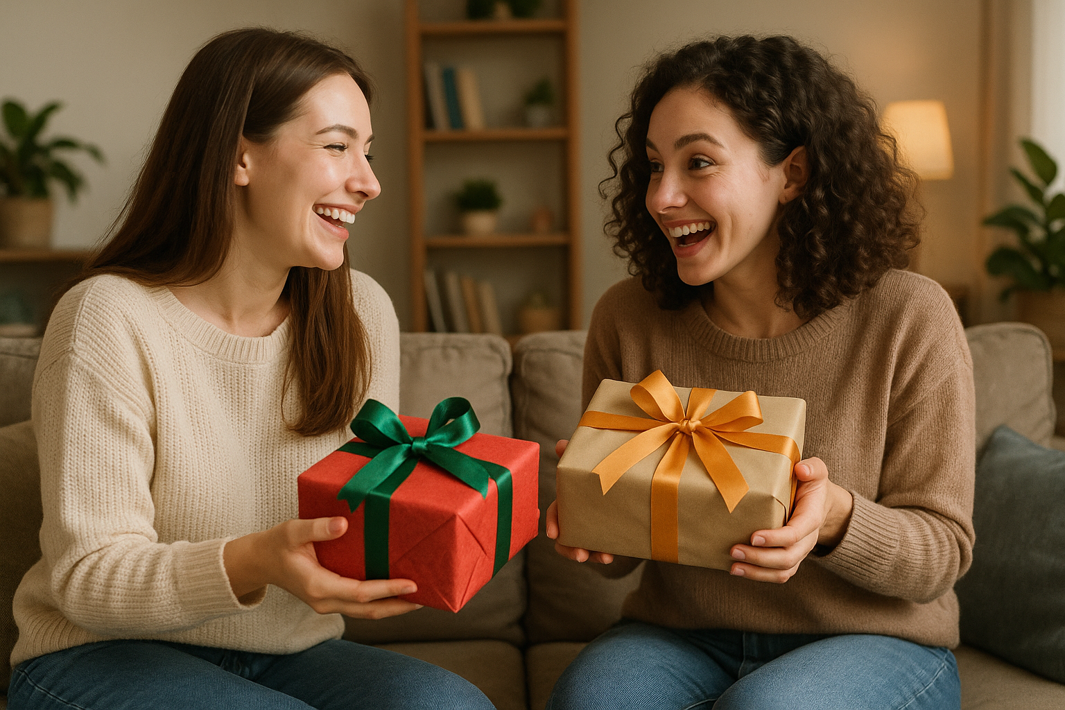 Due amiche sorridenti si scambiano regali con confezioni colorate, perfette idee regalo con gioielli fruttati