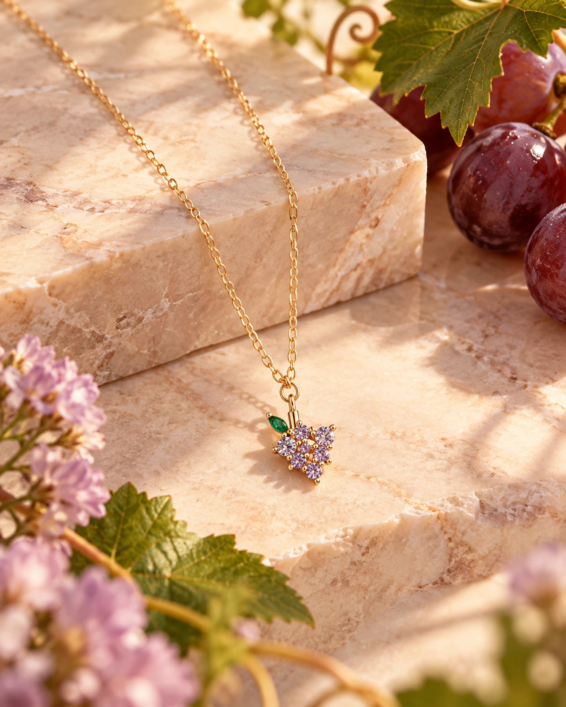 Collana pendente uva Fruits & Jewels poggiata su marmo