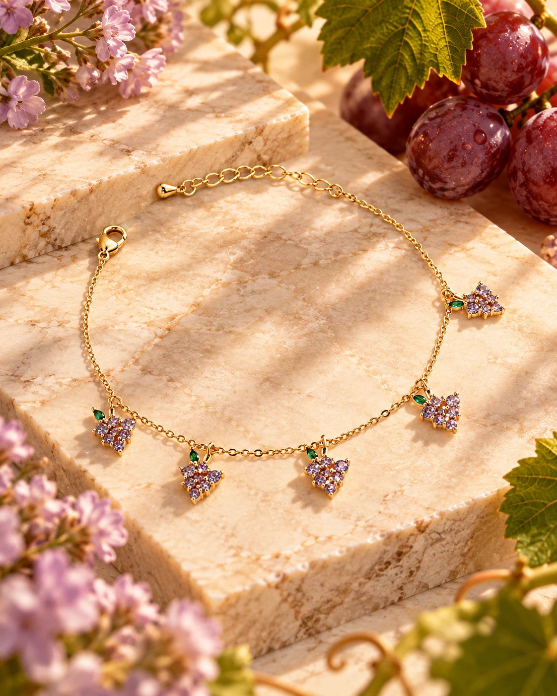 Bracciale Uva Fruits & Jewels poggiato su marmo. Ciondoli uva
